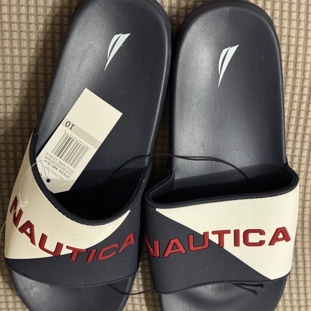 Nautica Navy and White Slides with Red Accent